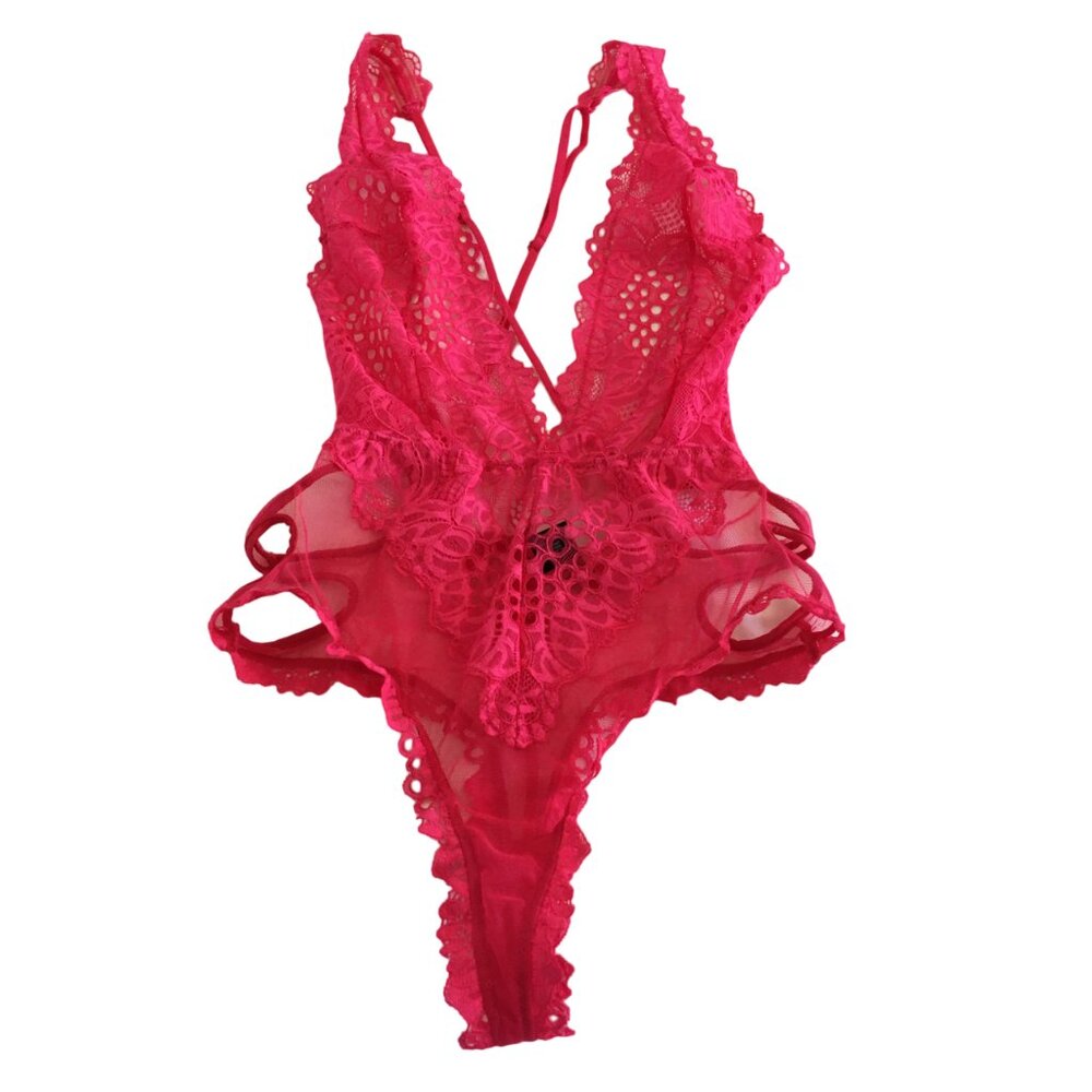 Victoria’s Secret Bombshell Teddy Hot Pink Cutouts Lace Mesh 1 Piece Women Small
